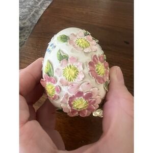 Vtg Hand Painted Ceramic Bisque Egg Figurine Pink 3D Floral w/ Gold Fish Stand